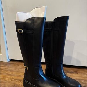 Sam Edelman Black Tall Leather Riding Boots with Gold Buckles